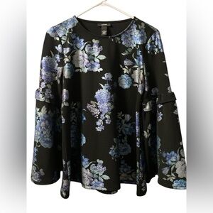 Alfani Women's Tunic Blouse Shirt Top Size Small Black Floral Flare Bell Sleeve